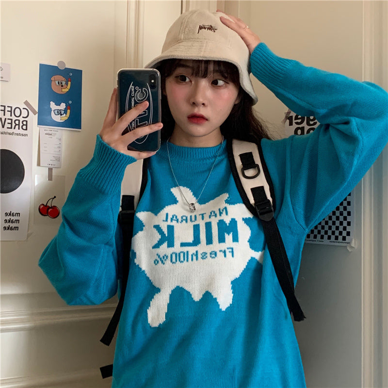 Loose Japanese Cartoon Anime Sweater – Retro Blue Pullover