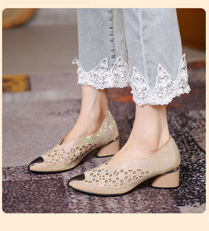 Hollow Mesh Hot Drilling Pumps | Rhinestone Pointed-Toe Sandals for Women
