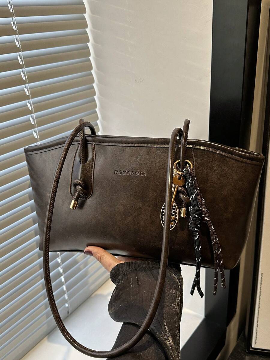 Coffee Brown PU Leather Bowling Bag – Letter Print, Lace-Up Detail & Double Handle