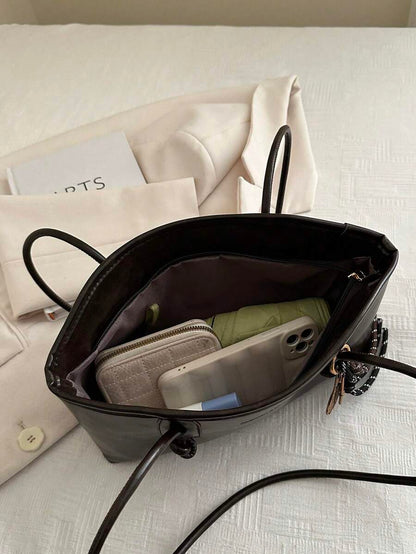 Coffee Brown PU Leather Bowling Bag – Letter Print, Lace-Up Detail & Double Handle