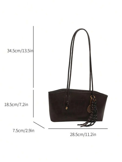 Coffee Brown PU Leather Bowling Bag – Letter Print, Lace-Up Detail & Double Handle