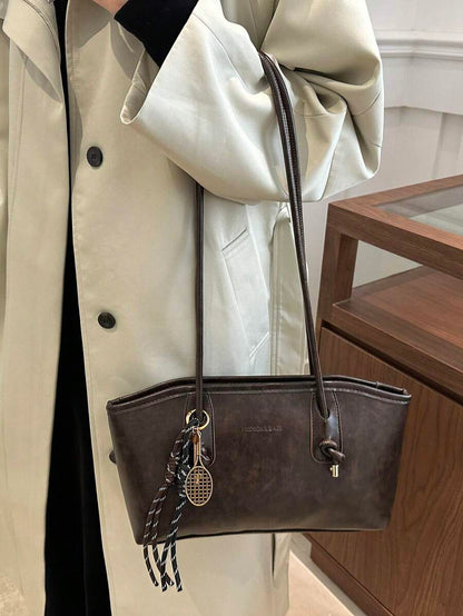 Coffee Brown PU Leather Bowling Bag – Letter Print, Lace-Up Detail & Double Handle