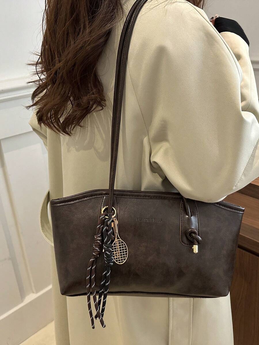 Coffee Brown PU Leather Bowling Bag – Letter Print, Lace-Up Detail & Double Handle