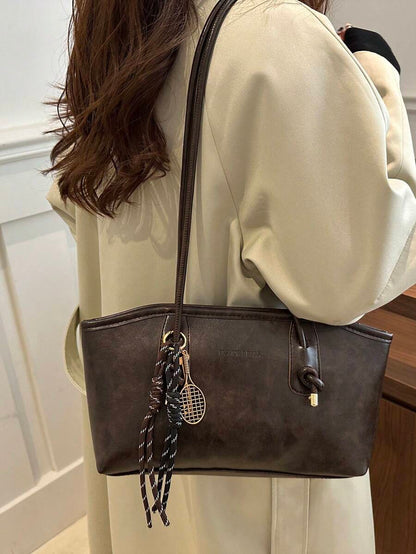 Coffee Brown PU Leather Bowling Bag – Letter Print, Lace-Up Detail & Double Handle