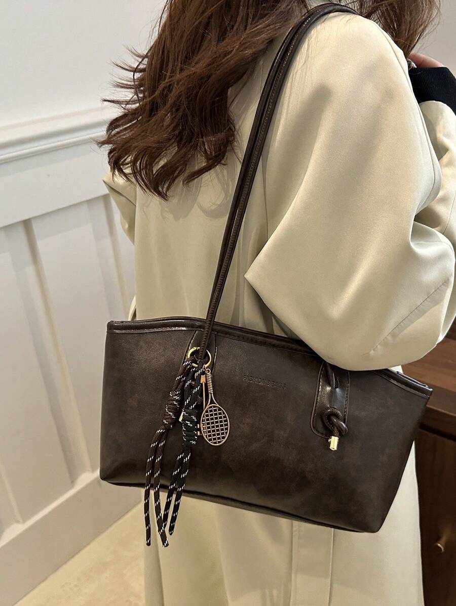 Coffee Brown PU Leather Bowling Bag – Letter Print, Lace-Up Detail & Double Handle