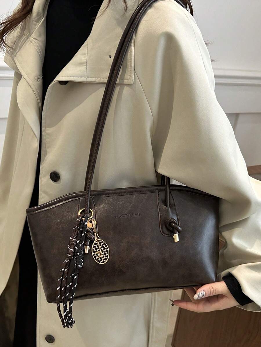 Coffee Brown PU Leather Bowling Bag – Letter Print, Lace-Up Detail & Double Handle