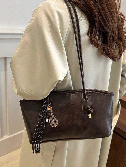 Coffee Brown PU Leather Bowling Bag – Letter Print, Lace-Up Detail & Double Handle