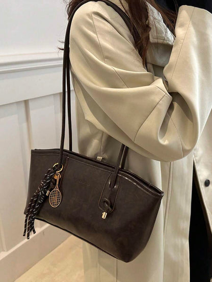 Coffee Brown PU Leather Bowling Bag – Letter Print, Lace-Up Detail & Double Handle