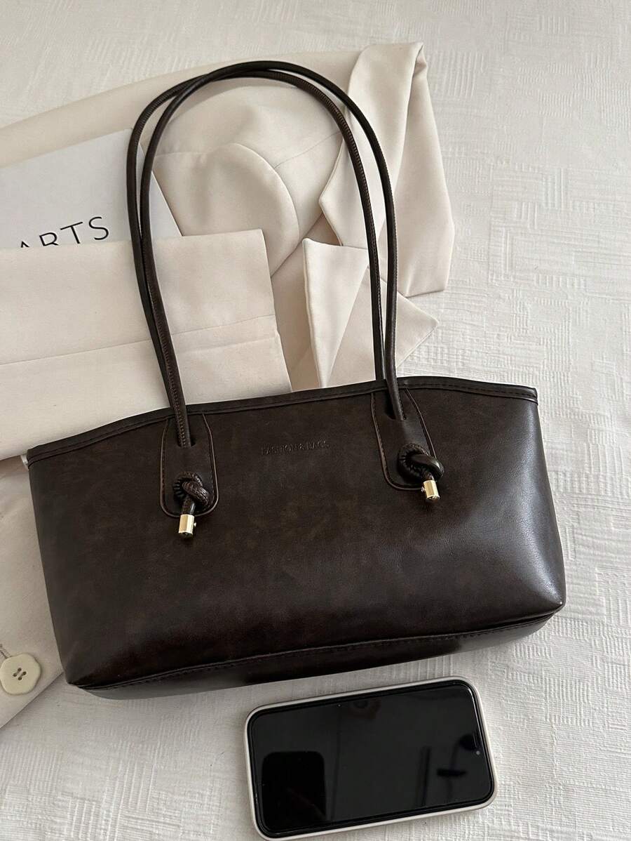 Coffee Brown PU Leather Bowling Bag – Letter Print, Lace-Up Detail & Double Handle