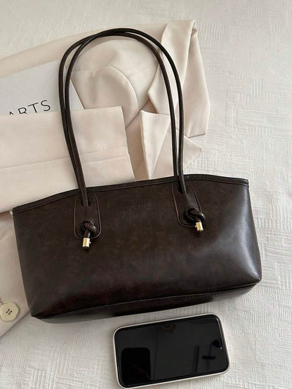 Coffee Brown PU Leather Bowling Bag – Letter Print, Lace-Up Detail & Double Handle