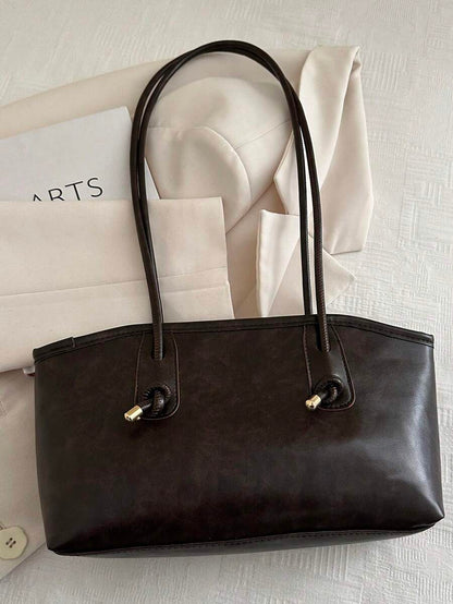 Coffee Brown PU Leather Bowling Bag – Letter Print, Lace-Up Detail & Double Handle