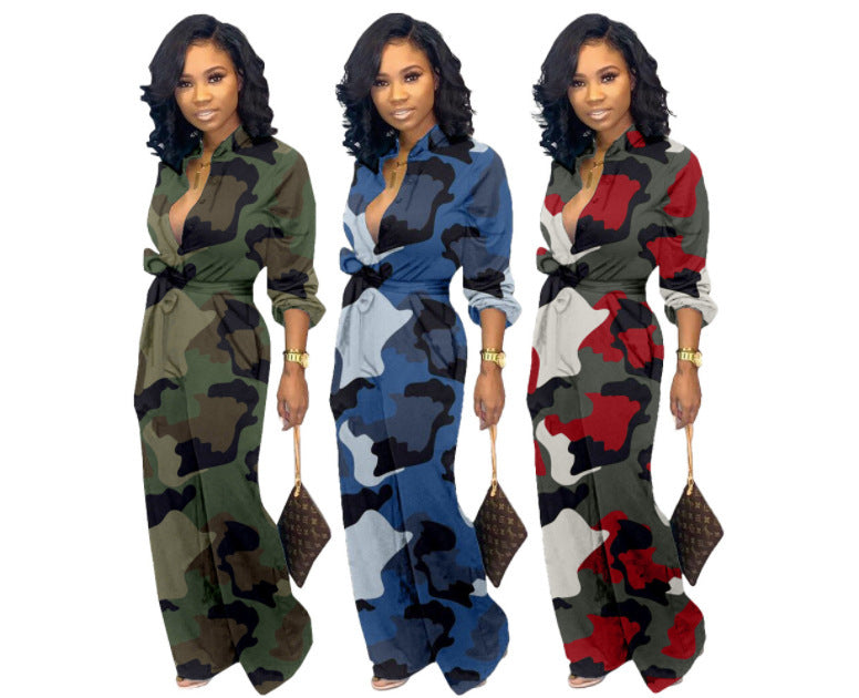 Womens Camouflage Long Sleeve Wide Leg Autumn Jumpsuit Rompers