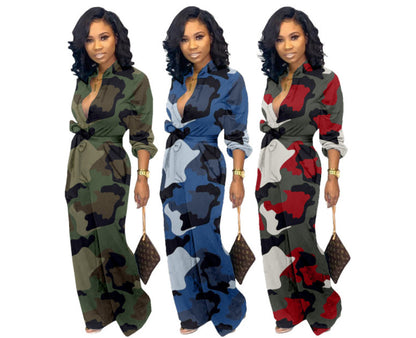 Womens Camouflage Long Sleeve Wide Leg Autumn Jumpsuit Rompers