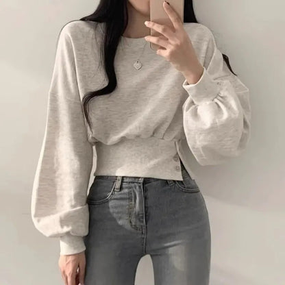 Autumn Crew Neck Buttoned Short Pullover Sweatshirt for Women