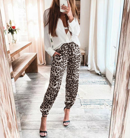 Leopard Print Casual Wide-Leg Trousers – Elastic Waist Women’s Pants