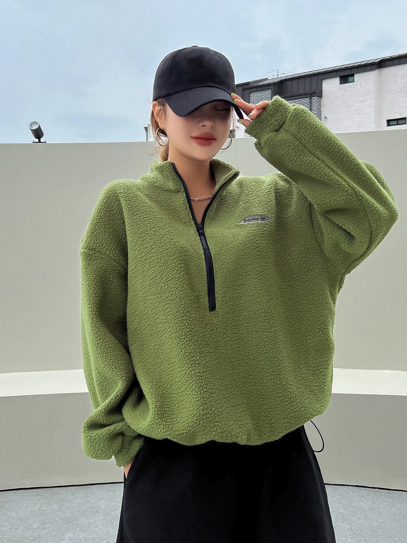 Cozy Patched Detail Half Zip Fleece Sweatshirt