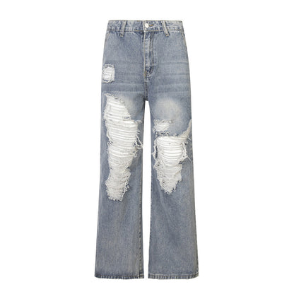 Unisex Ripped Denim Trousers – Mid-Waist Street Style Jeans