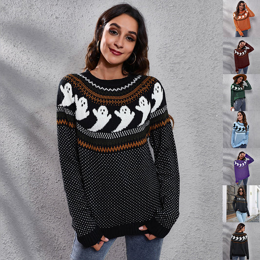 Halloween Cartoon Ghost Polka Dot Pullover Sweater for Women