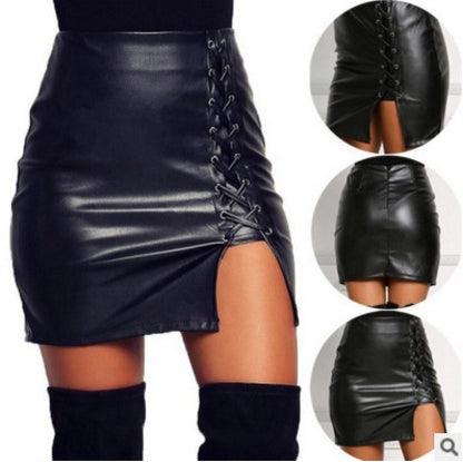 Skirts Black Lace Up PU Leather Skirt High Waisted Trend