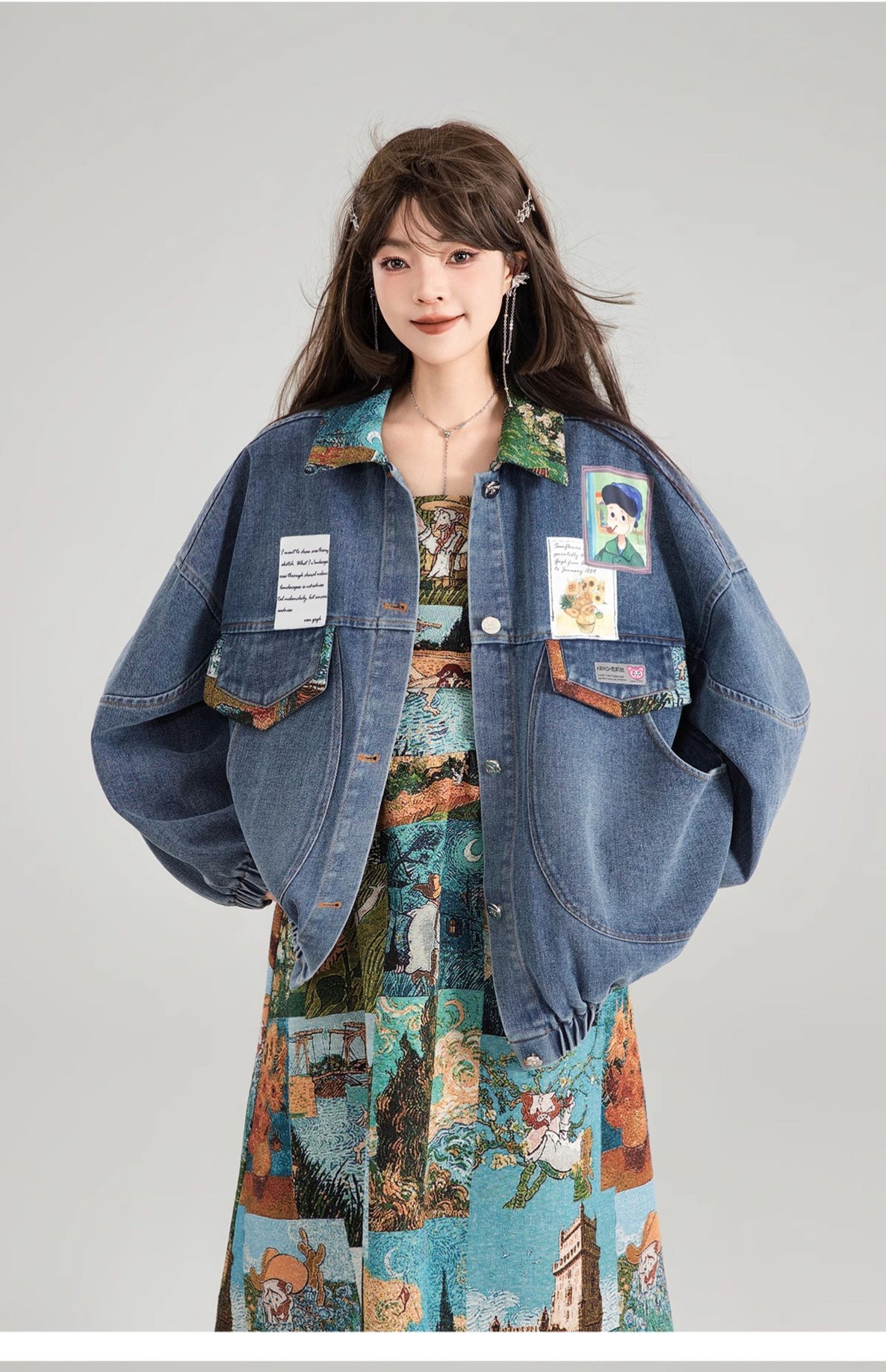 Artistic Denim Jacket for Women – Casual Streetwear Coats & Jackets in Blue Green Denim 2025