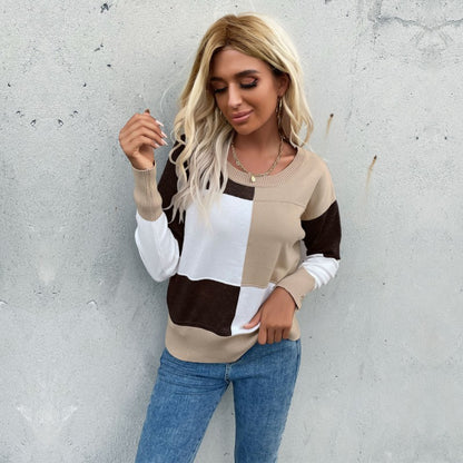 Contrast Color Stitching Pullover – Lightweight Knit Sweater for Women