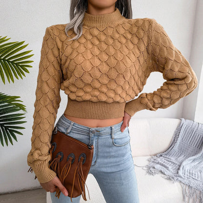 2025 Autumn/Winter Women’s Casual Hollow Out Long Sleeve Knitted Crop Top – Stylish Pullover & Sweater