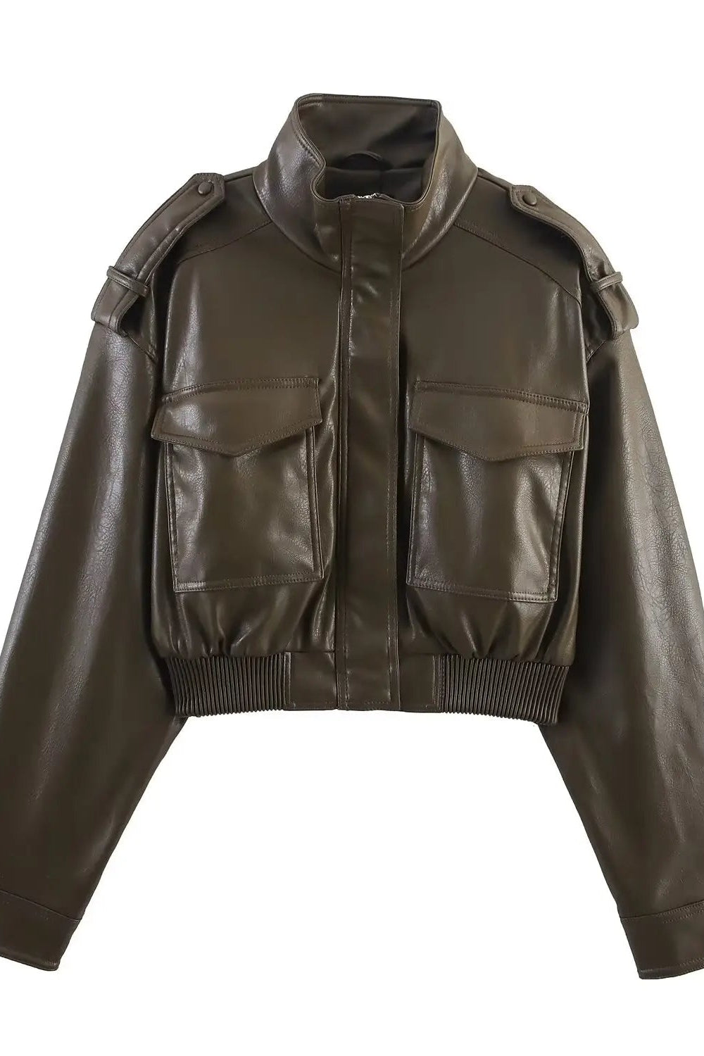 Brown leather jacket with multiple pockets on a white background