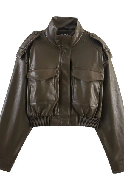 Brown leather jacket with multiple pockets on a white background