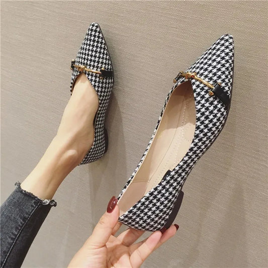Gingham Print Pointed Toe Flats | Stylish Cotton Slip-On Shoes for Women