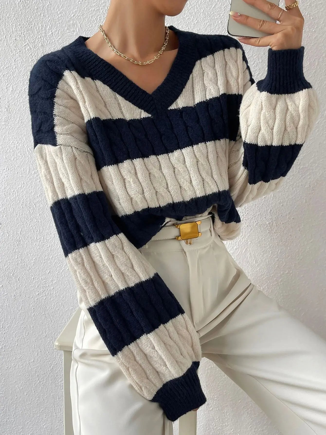 Autumn/Winter V-Neck Pullover Striped Sweater for Women – Loose & Comfortable Color Blocking Casual Trendy Knitted Tops