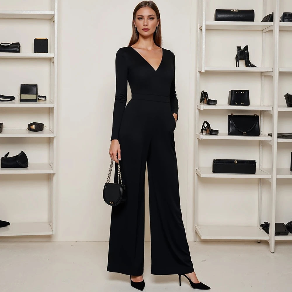 French Style Long Sleeve Black Jumpsuits