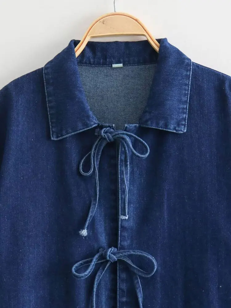 Lapel Collar Lace Up Denim Blouses