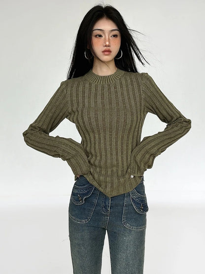 Deeptown Vintage Green Crop Sweater – Fairy Grunge Striped Pullover for Women, Slim-Fit Knitted Jumper, Harajuku Fashion Sueter Mujer