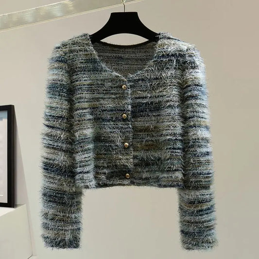 Women's Vintage Striped V-Neck Single-Breasted Knit Cardigan