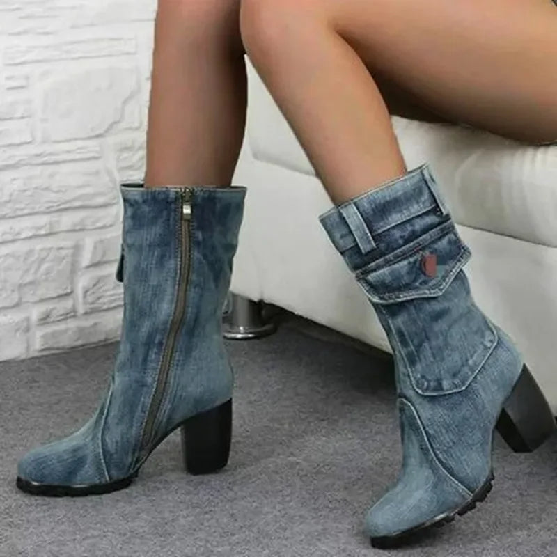 Women's Pointed-Toe Denim-Style High-Heeled Cowboy Boots – Autumn/Winter Casual Chic Footwear