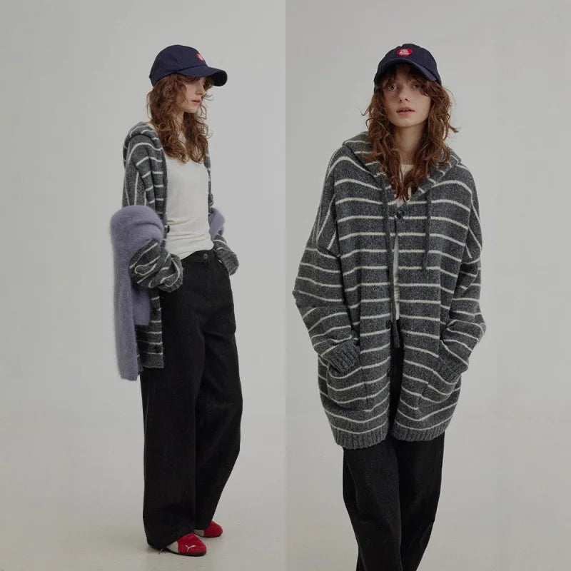 Vibrant Utility: Green Striped Winter Cardigan