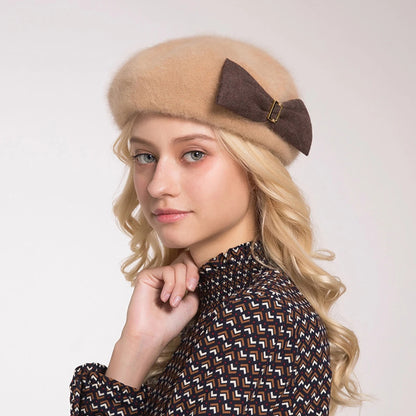 Elegant Women's Rabbit Fur Wool Beret – Bow Detail, French Artist Hat, Autumn Winter Fashion, British Painter Beanie