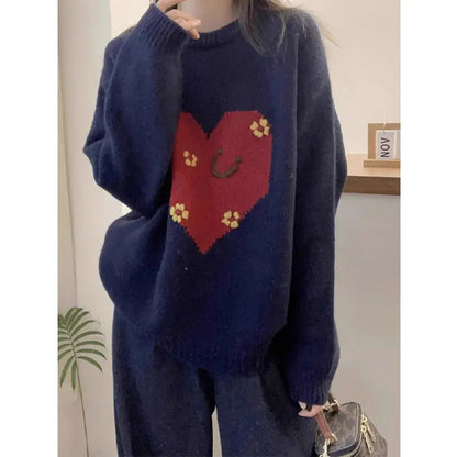 Vintage Heart Jacquard Sweater – Casual Loose Fit Round Neck Pullover for Women, Spring & Autumn Fashion