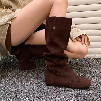 Women’s Faux Suede Long Boots – Flat Sole Slip-On Chelsea Style Winter Streetwear