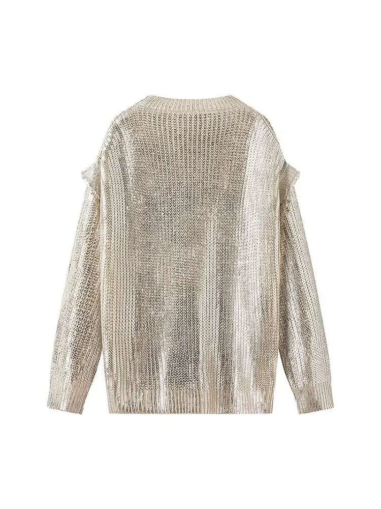 Gold Foil Metallic Sweater – Luxury Knitted Long Sleeve Pullover for Women, Autumn Fashion