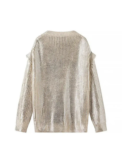 Gold Foil Metallic Sweater – Luxury Knitted Long Sleeve Pullover for Women, Autumn Fashion