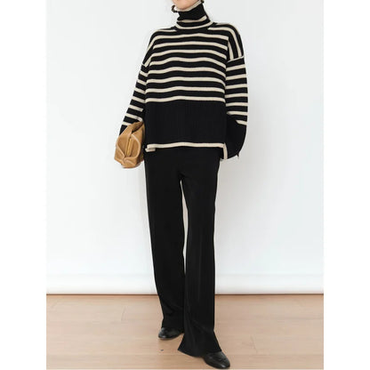 Striped Turtleneck Sweater for Women – Cozy Oversized Knit, Elegant Fall & Winter Outfit Essential