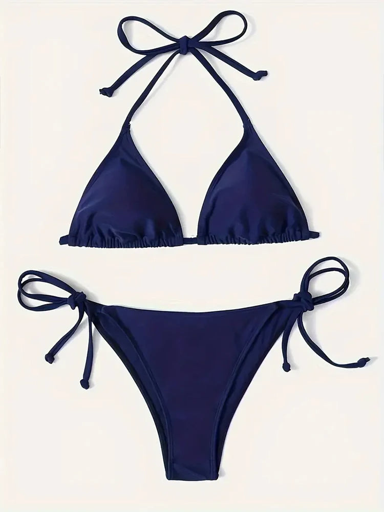 Sexy Navy Blue Thong Bikini Set for Women - 2-Piece Triangle Bandage Swimsuit, Beachwear