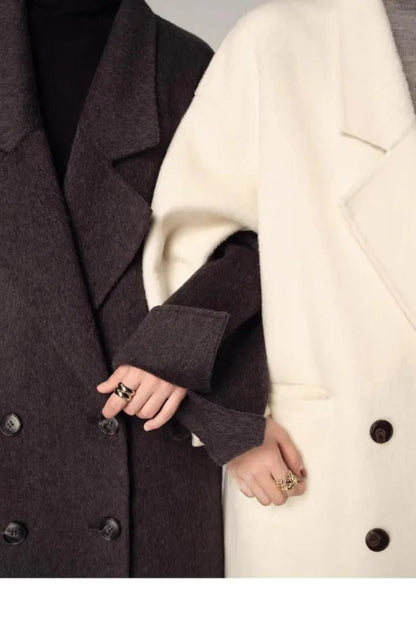 Close-up of two people wearing double-breasted coats with visible buttons.