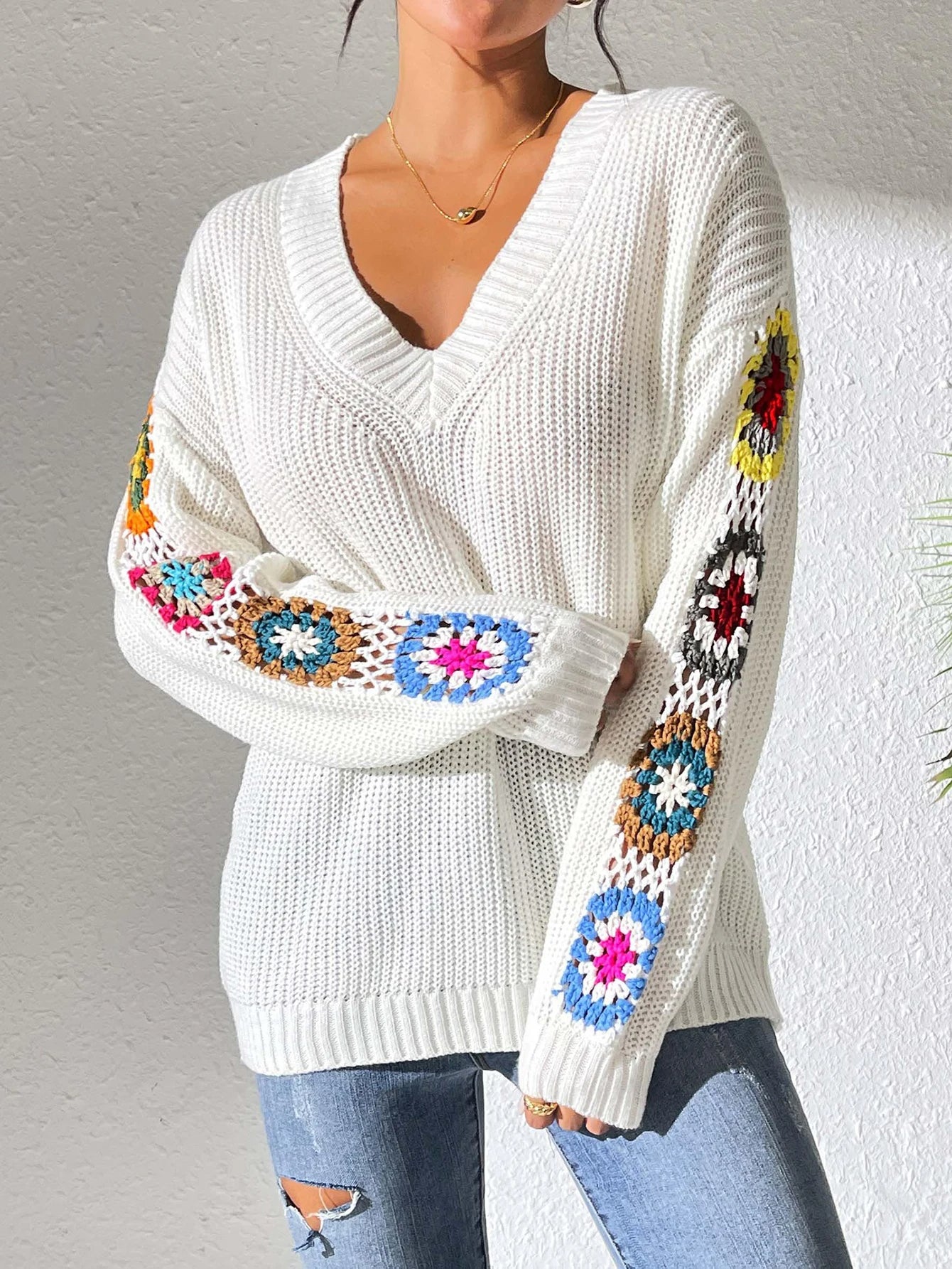 Elegant Solid Color Sweater for Women – Embroidery Design, Unique Cuff Detail, Versatile for All Occasions