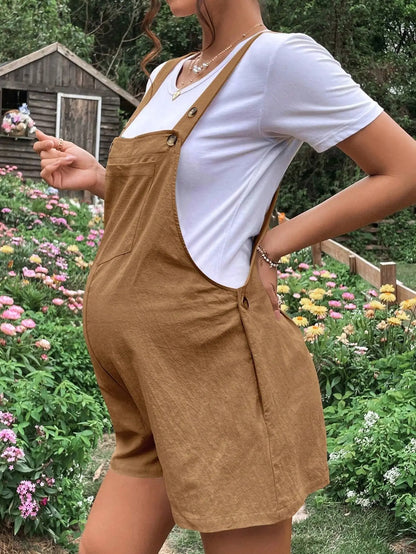 2025 Summer Maternity Jumpsuit – Adjustable Waist Solid Color Casual Shorts