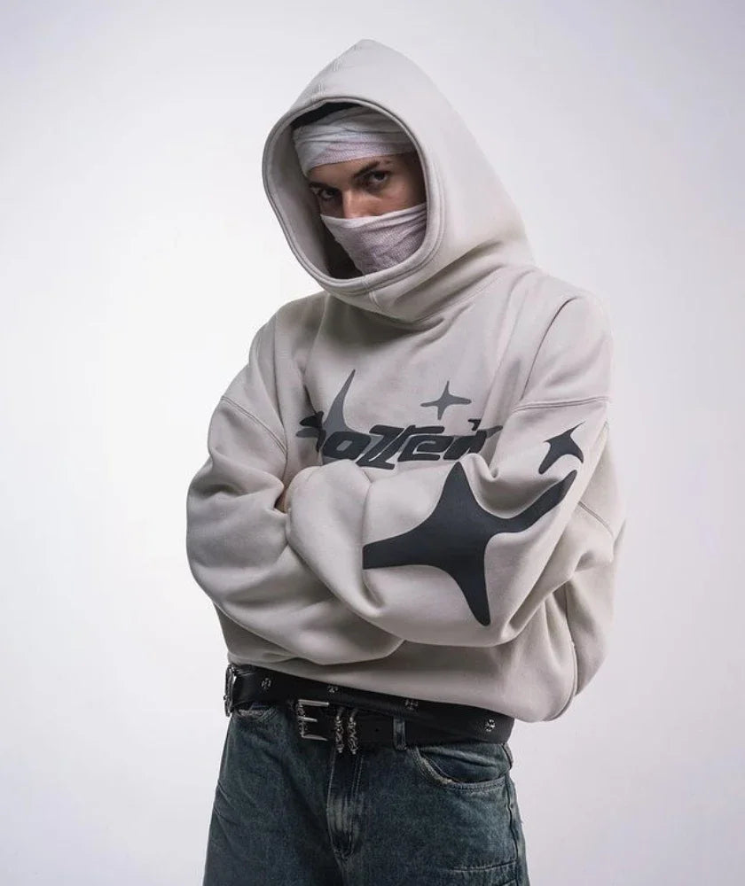 Retro Star Letter Foam Hoodie – Oversized Y2K Streetwear Sweatshirt for Men & Women