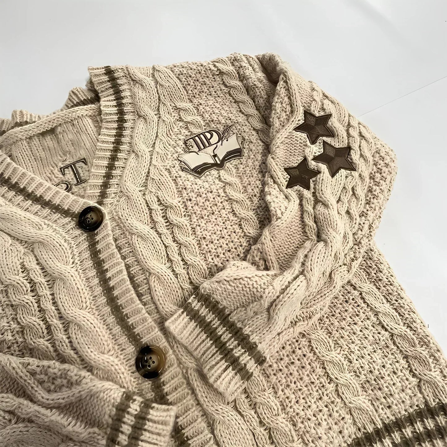 Butterfly Knitted Cardigan for Women – Beige Sweater with Brown Star Embroidery, V Neck Vintage Autumn Winter Tops