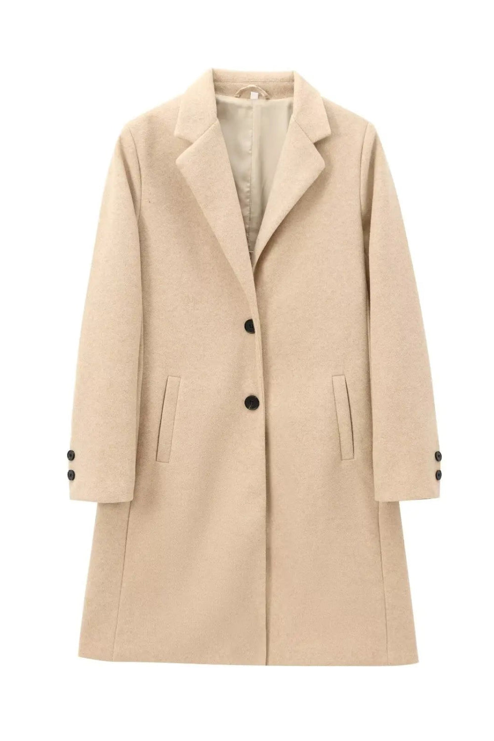 Beige coat with black buttons on a white background