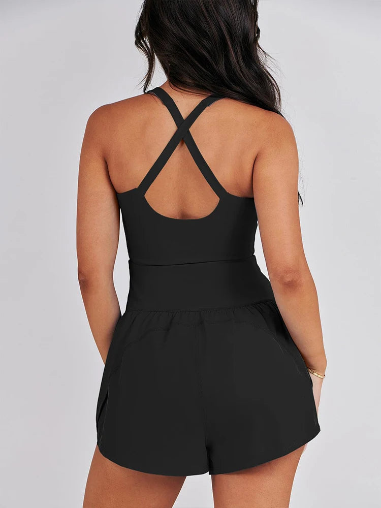 Elegant High-Waisted Romper for Women – Sophisticated Summer Outfit with Spliced Design